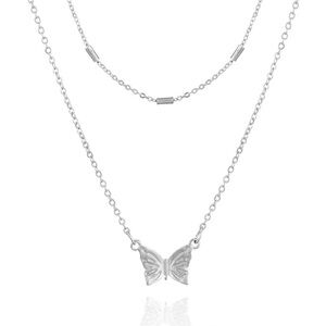 Silver Double Layer Butterfly Necklace